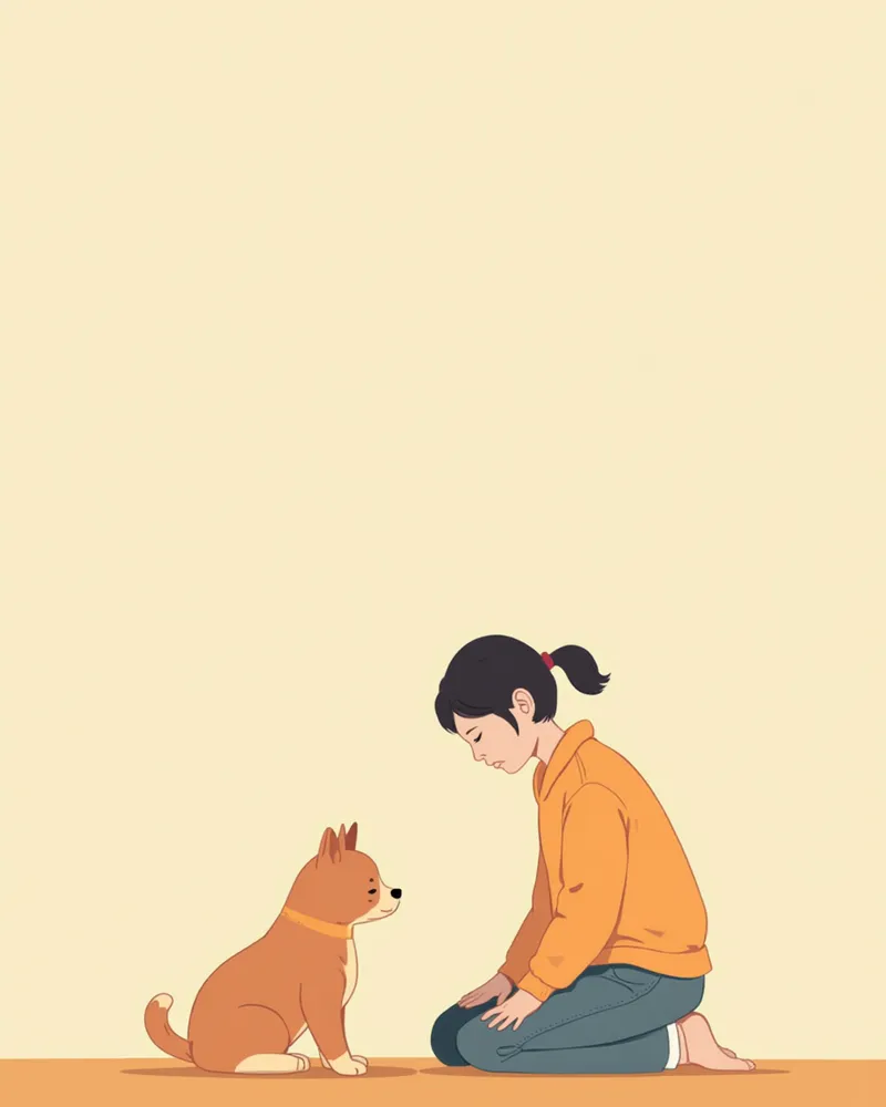 강아지에게 측면 자세로 다가가는 보호자의 모습