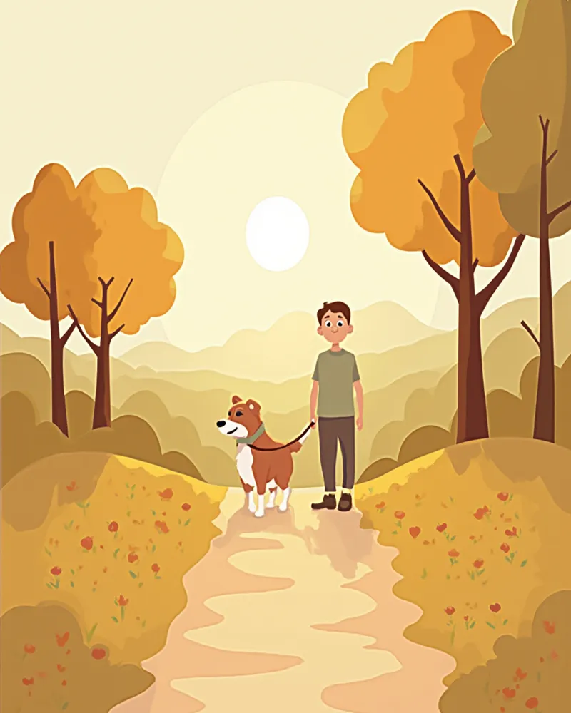 이른 아침 산책로를 걷는 보호자와 강아지