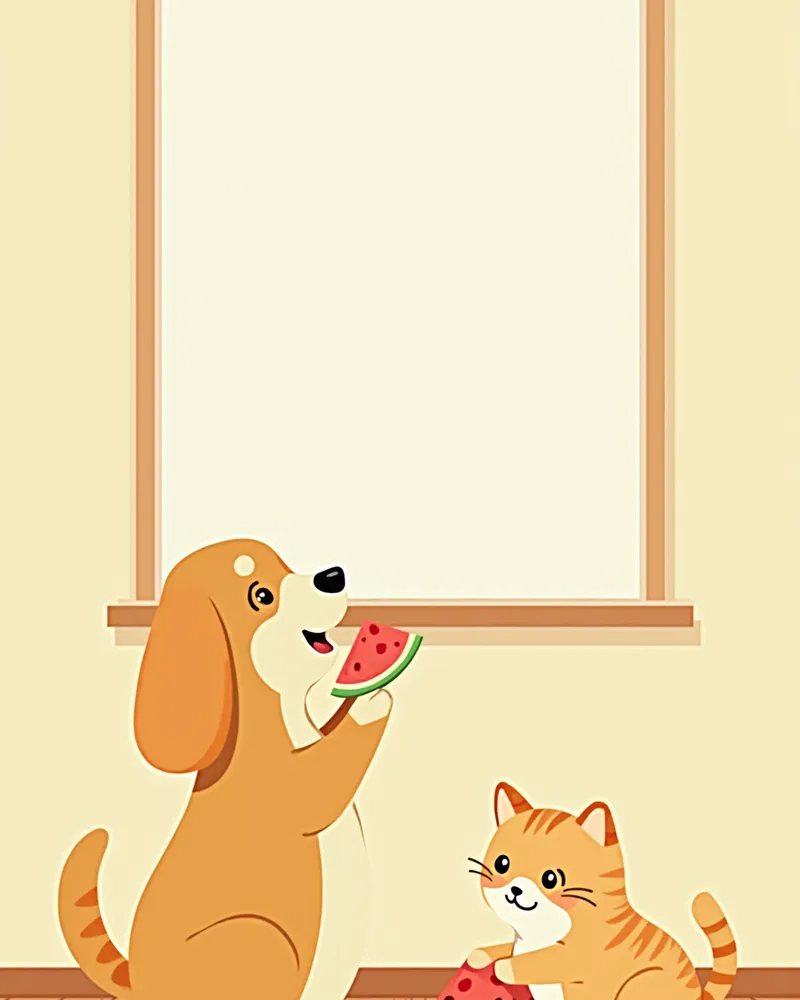 수박 조각을 먹고 있는 고양이와 강아지