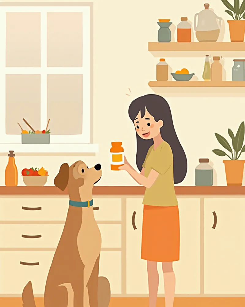 영양제 라벨을 확인하는 보호자와 강아지