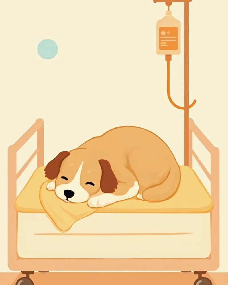 수술 후 회복 케이지에서 잠든 강아지