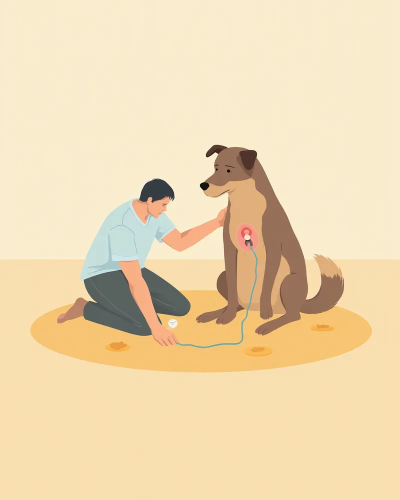 보호자가 강아지의 수술 부위를 살펴보는 모습