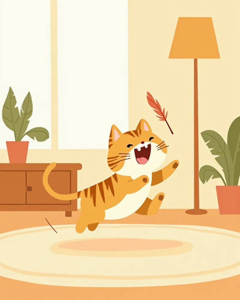 깃털 장난감을 쫓으며 노는 고등어 태비 고양이