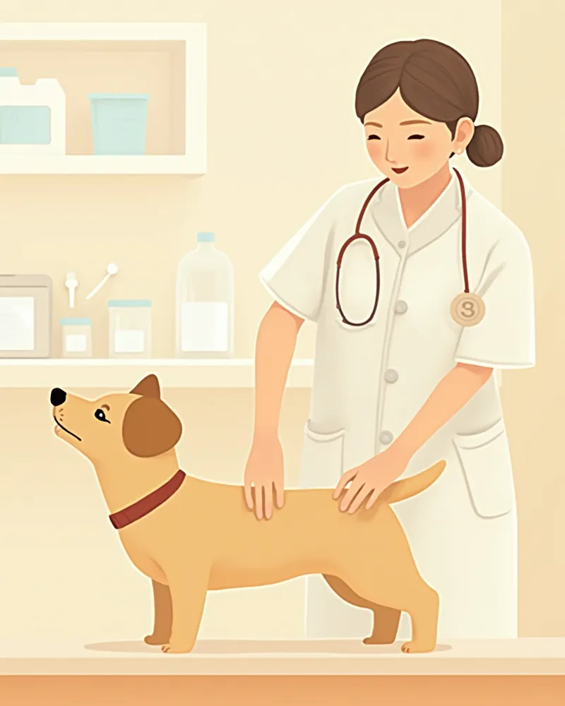 수의사가 강아지 꼬리를 살펴보는 모습