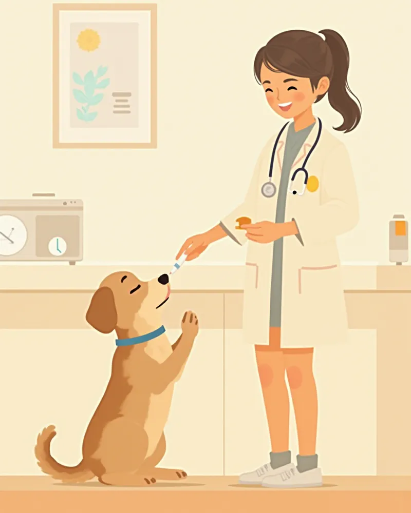 수의사가 강아지에게 구충제를 먹이는 모습