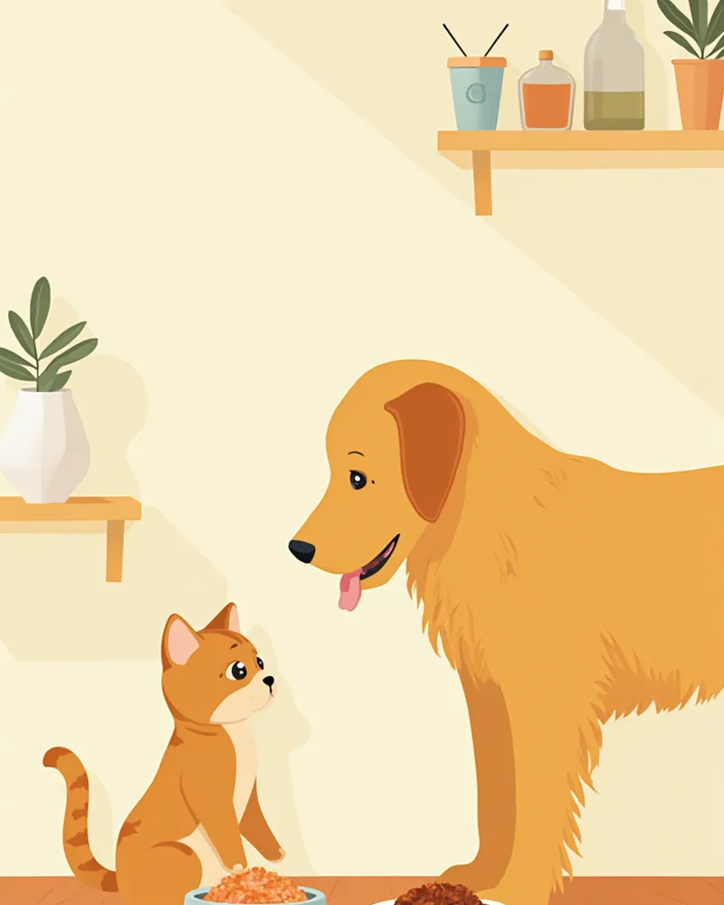 고양이와 강아지가 각자의 사료 그릇을 바라보는 모습