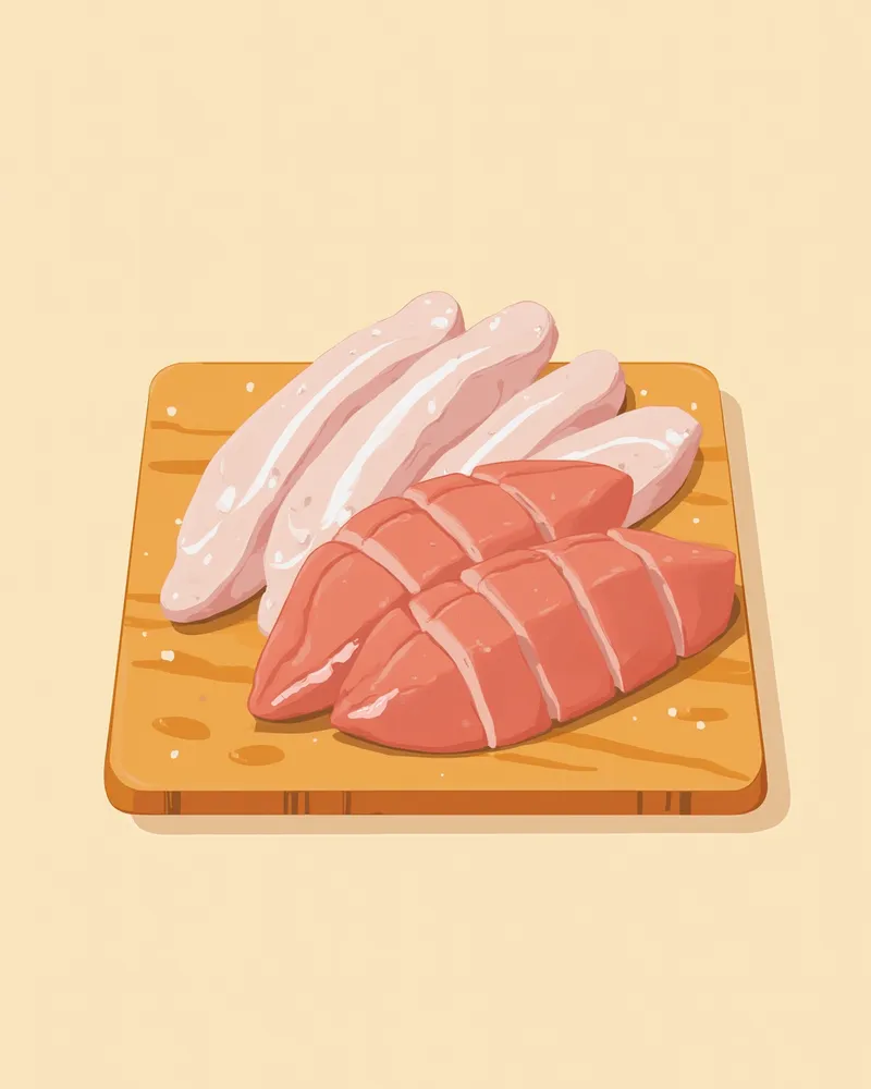 타우린이 풍부한 닭 심장과 생선이 도마 위에 놓인 모습