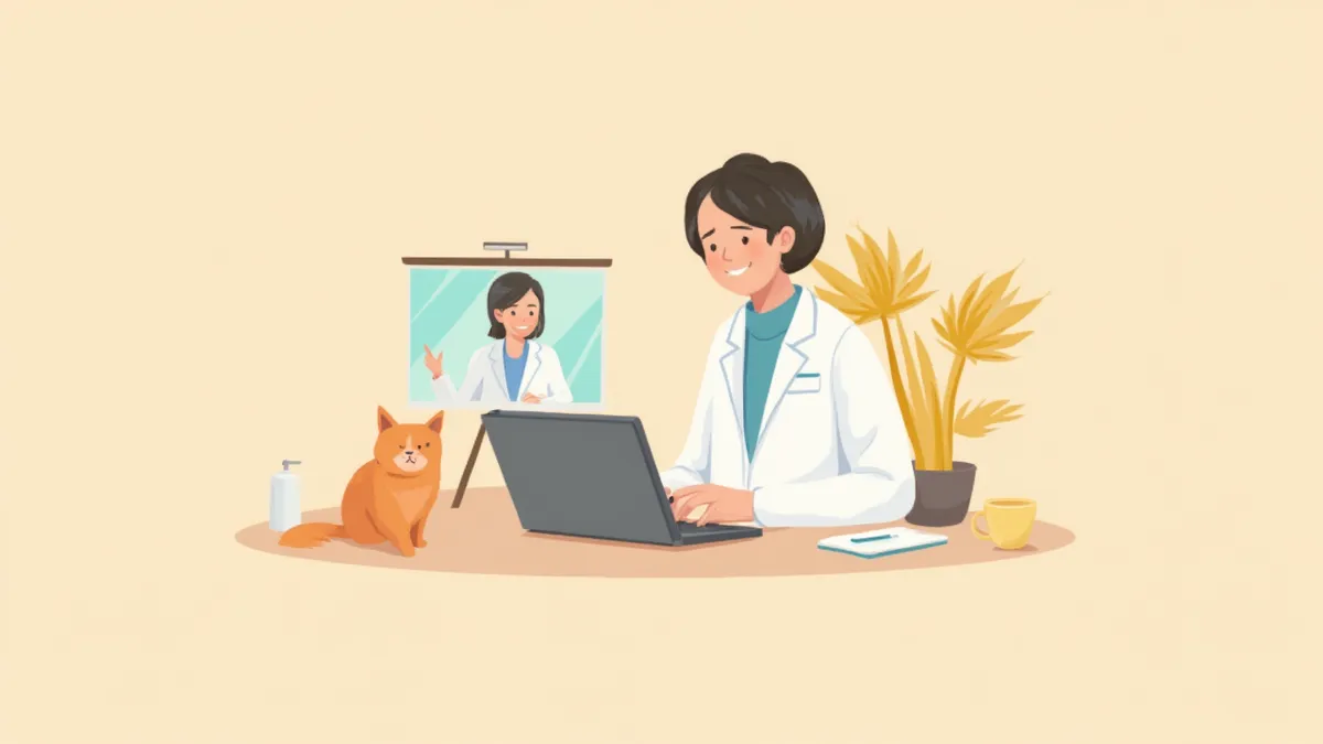 노트북 화면 속 수의사와 원격 진료 상담을 받는 고양이