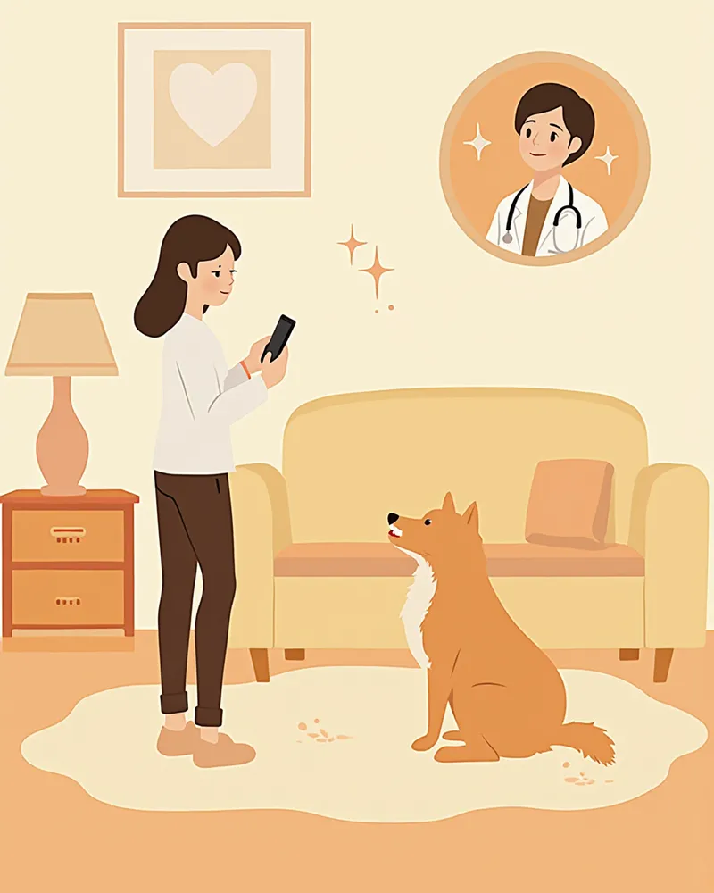 강아지 피부 상태를 스마트폰 카메라로 보여주며 상담받는 장면