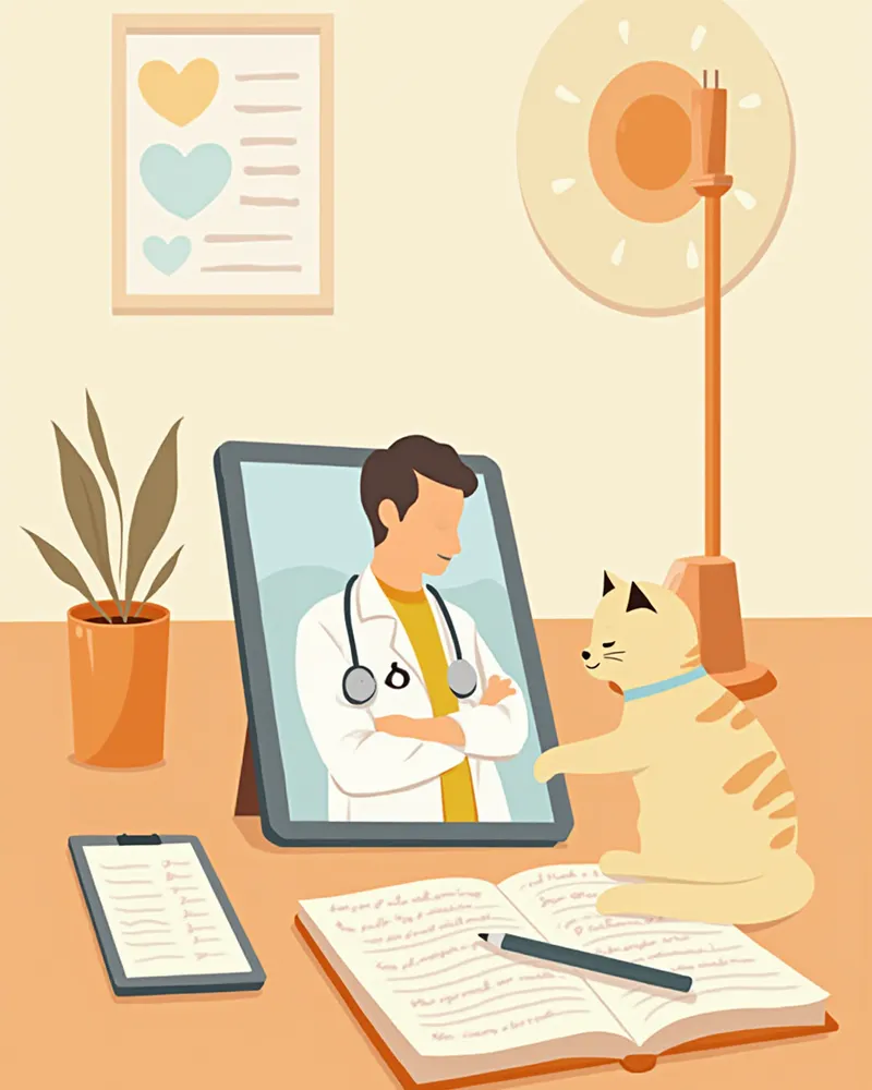 증상 메모와 함께 태블릿으로 수의사 조언을 듣는 장면