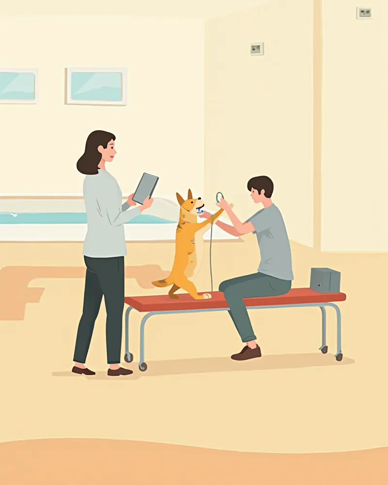 물리치료사와 함께 뒷다리에 전극을 부착하고 재활 운동 중인 중형견