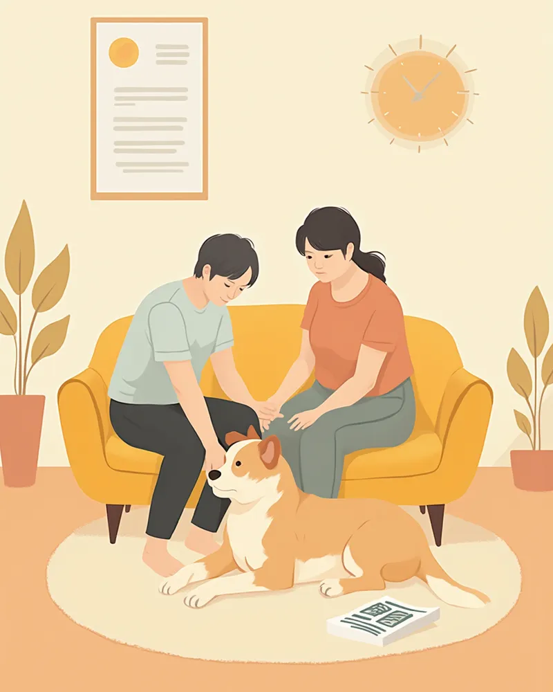 집에서 강아지 허벅지에 TENS 전극을 부착하는 보호자의 손