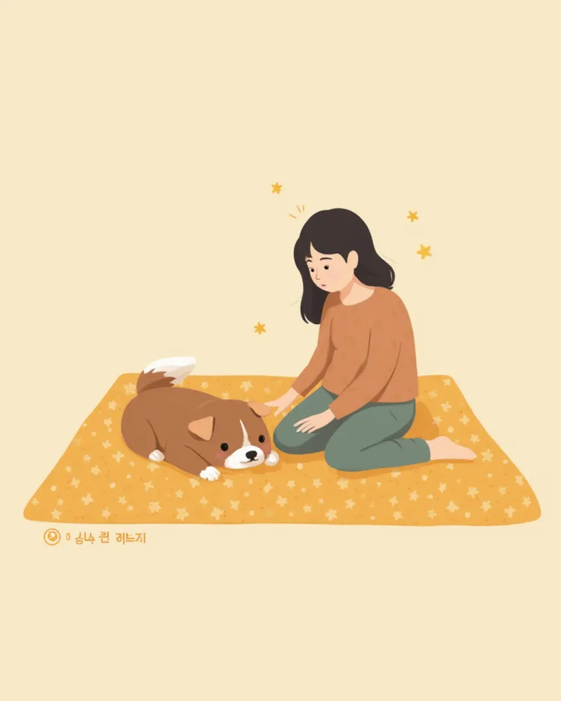 약 복용 중 상태를 확인하는 보호자와 강아지