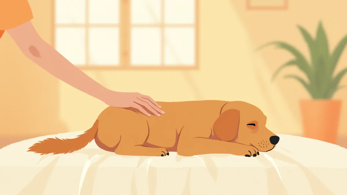 보호자가 강아지의 어깨 근육에 손을 부드럽게 올려놓은 모습