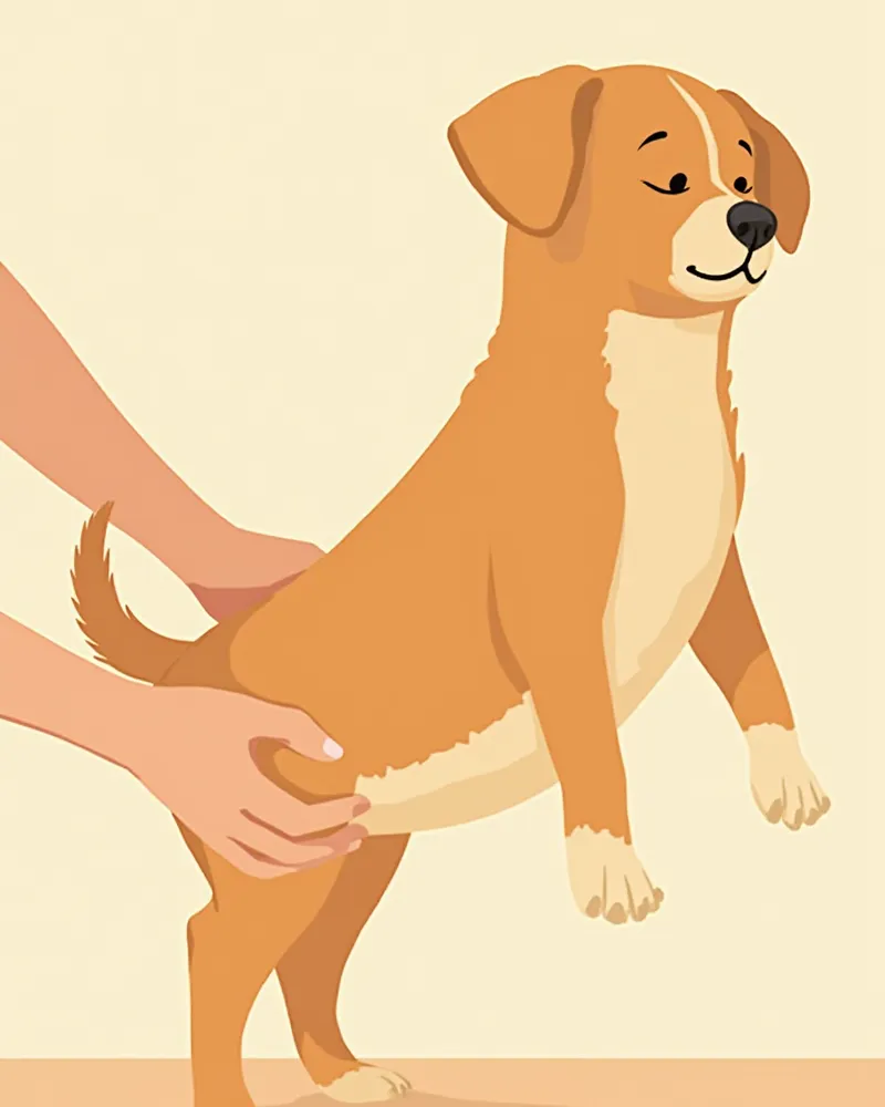 강아지 뒷다리에 이펄리지 기법을 적용하는 손 동작 클로즈업