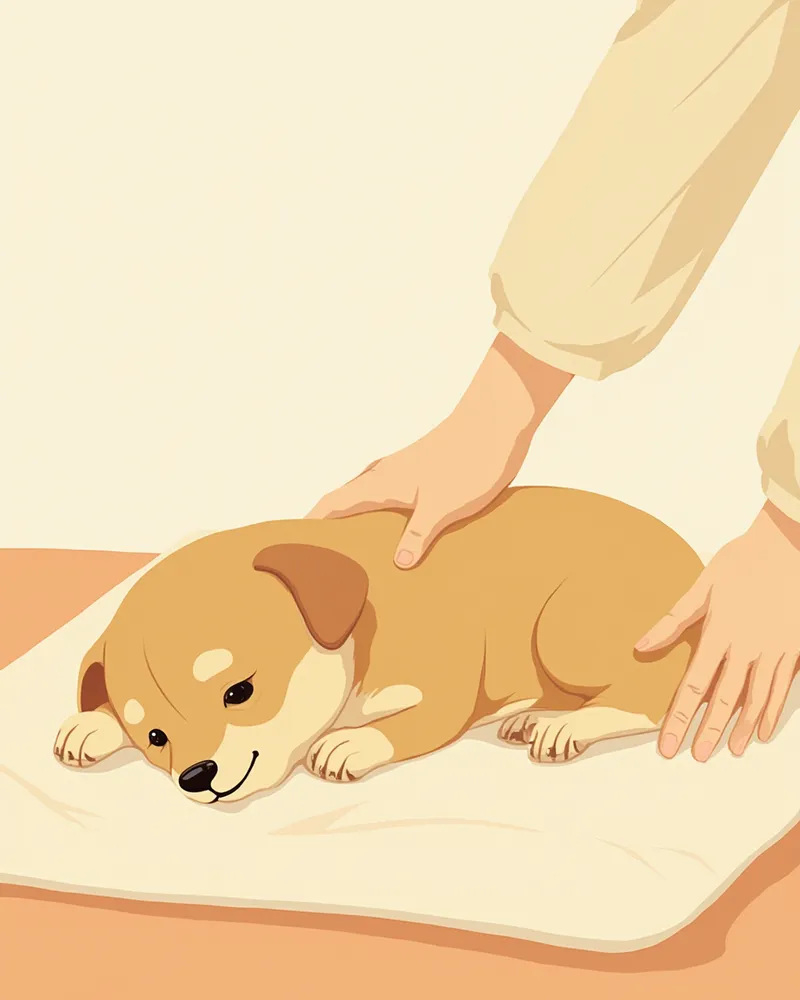 노령견이 편안한 자세로 누워 보호자에게 스트로킹 마사지를 받는 모습