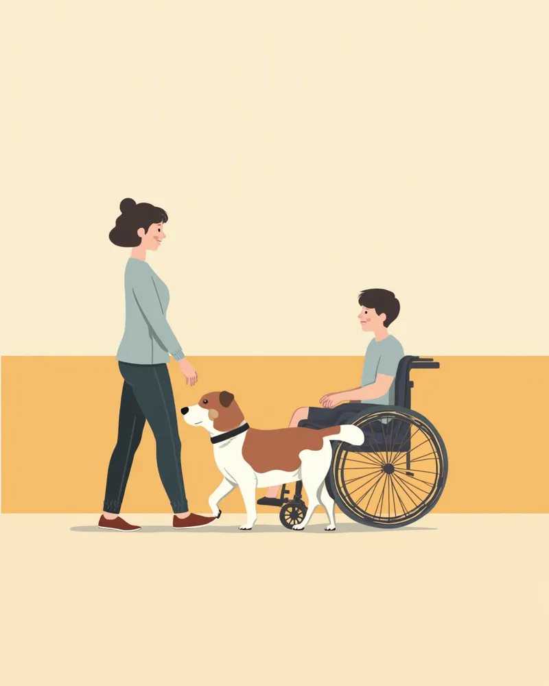 기질 평가 중 휠체어를 차분히 지나가는 반려견