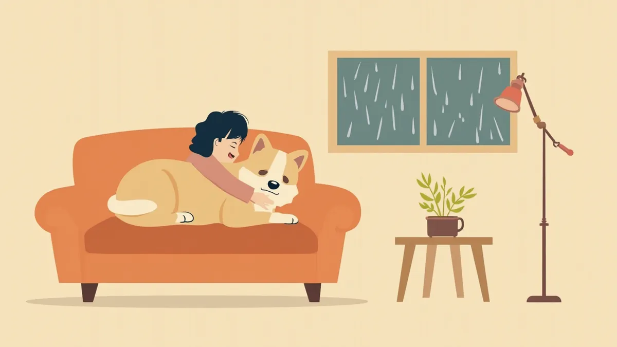 천둥 치는 날 소파에서 떨고 있는 강아지와 달래주는 보호자