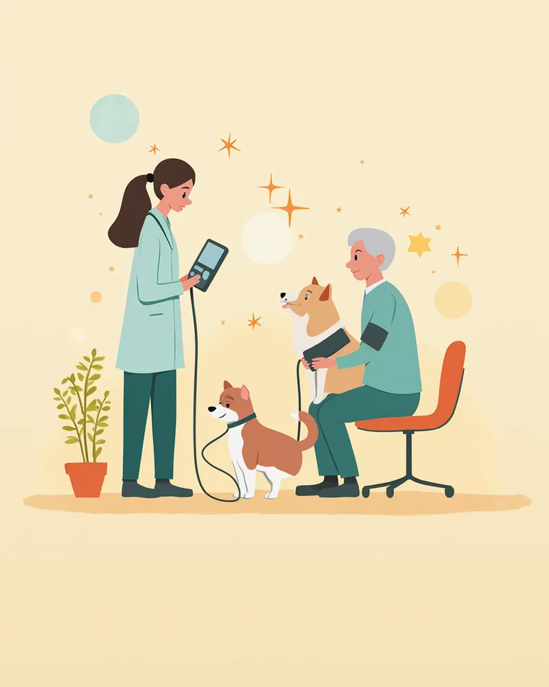 수의사가 노령묘와 강아지의 체중과 활력을 확인하는 모습