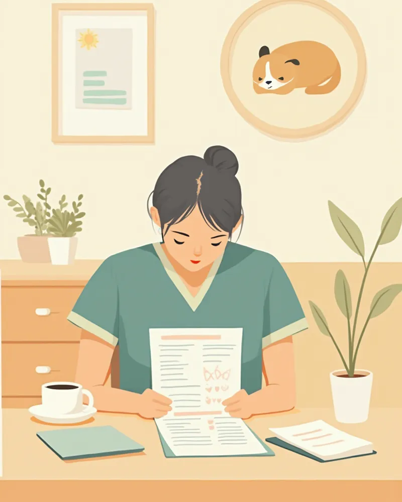 보호자가 갑상선 검사 결과지를 차분히 살펴보는 모습