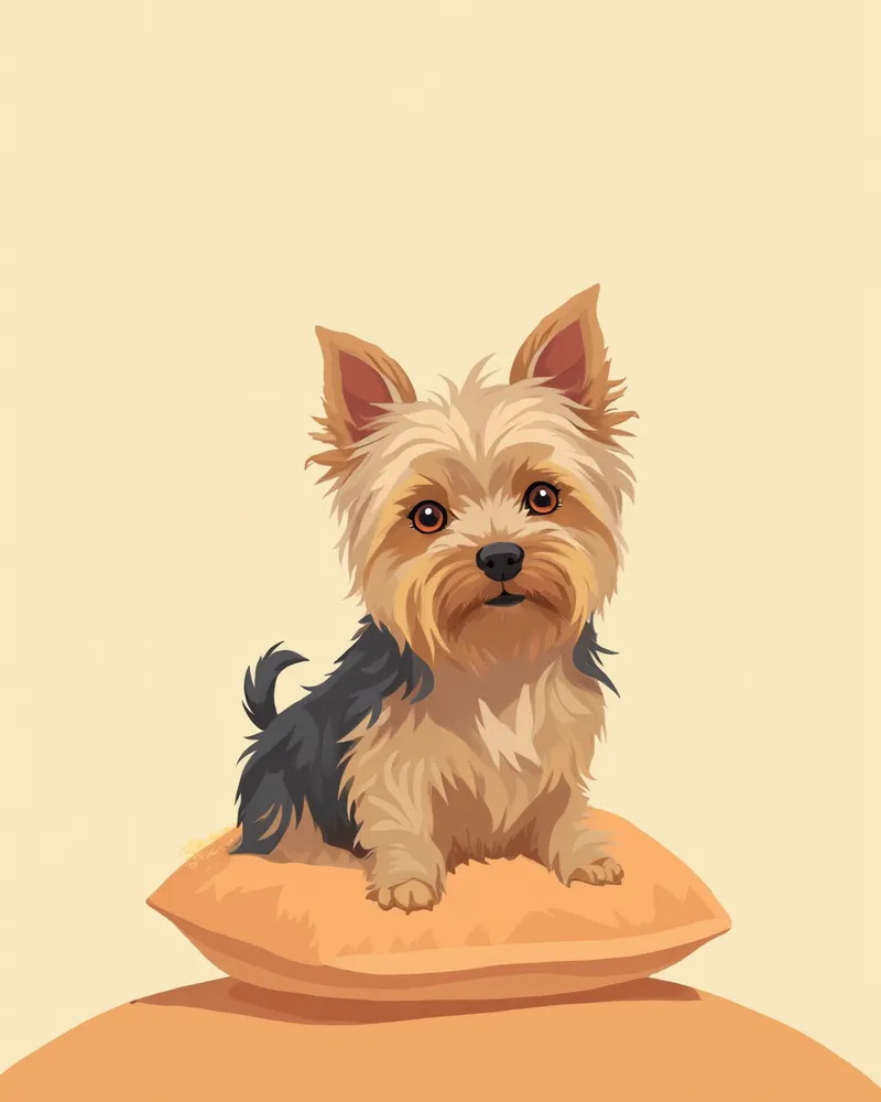 쿠션 위에 앉아 있는 실크 같은 긴 털의 요크셔테리어