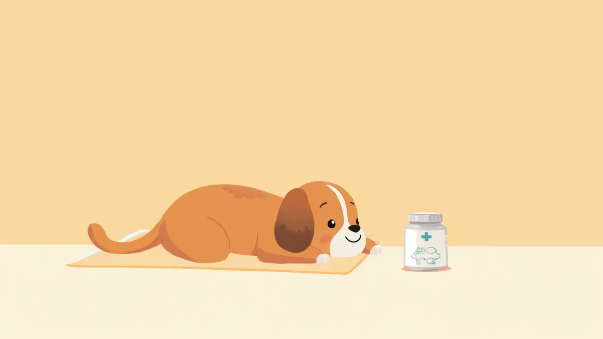 강아지 옆에 놓인 경구용 항암제 약병