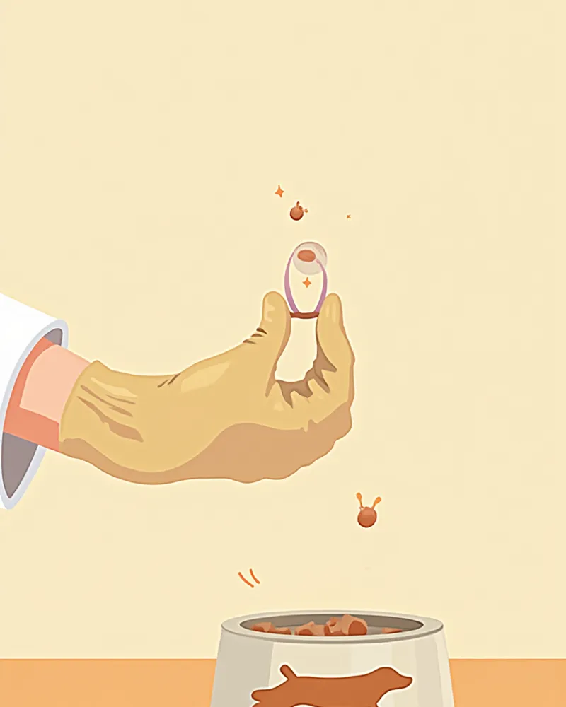 강아지 사료와 함께 준비된 경구 항암제 한 알