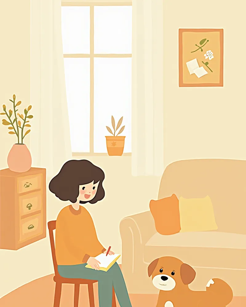 강아지 옆에서 투약 기록을 작성하는 보호자