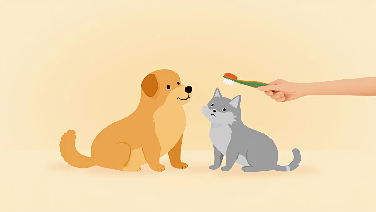 강아지와 고양이가 나란히 앉아 양치 적응 훈련을 받는 모습
