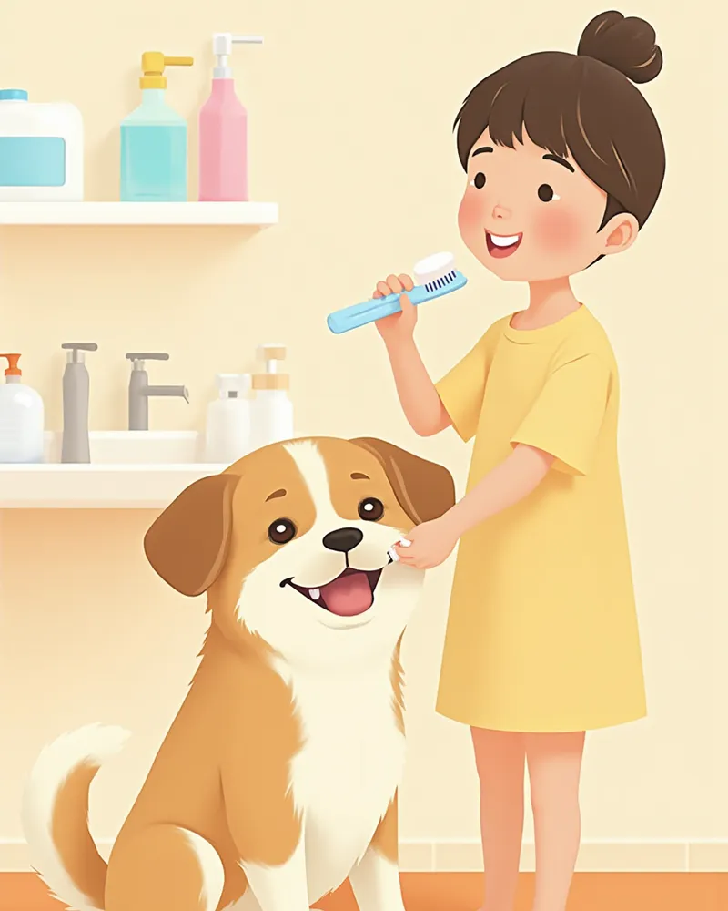 보호자가 반려견 전용 칫솔로 강아지 앞니를 닦아주는 모습