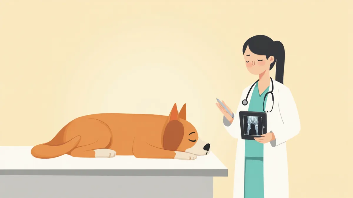 수의사가 보호자에게 강아지 고관절 엑스레이를 설명하는 모습