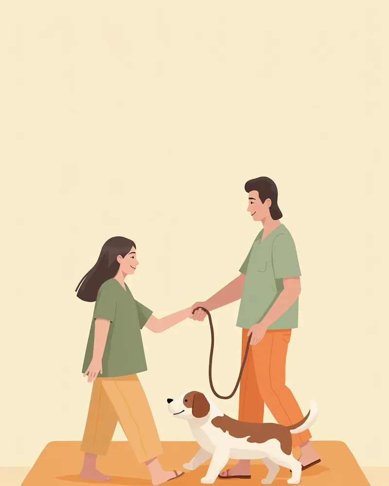 수술 후 회복 중인 강아지가 보호자와 천천히 실내 산책하는 모습