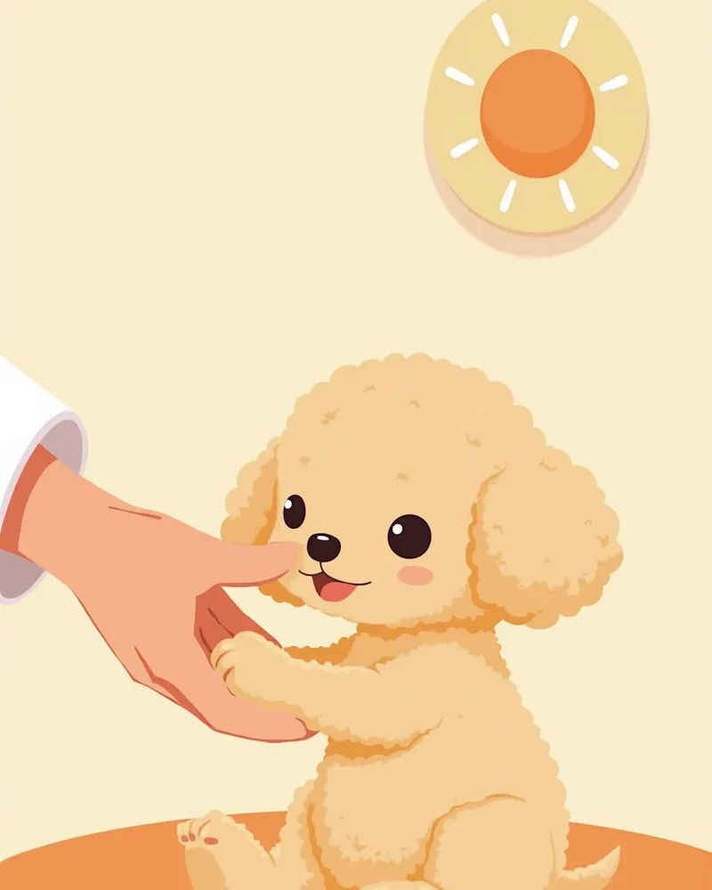 수의사가 토이푸들 강아지의 무릎을 부드럽게 검사하는 모습