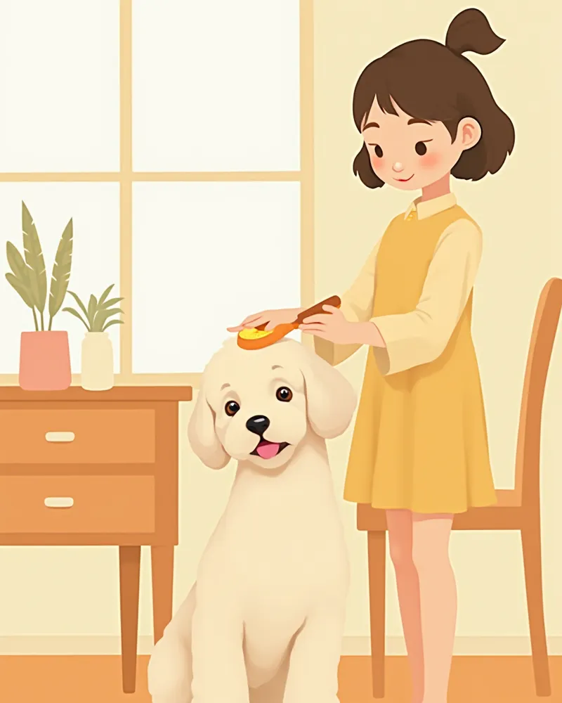 보호자가 토이푸들을 슬리커 브러시로 빗어주는 모습