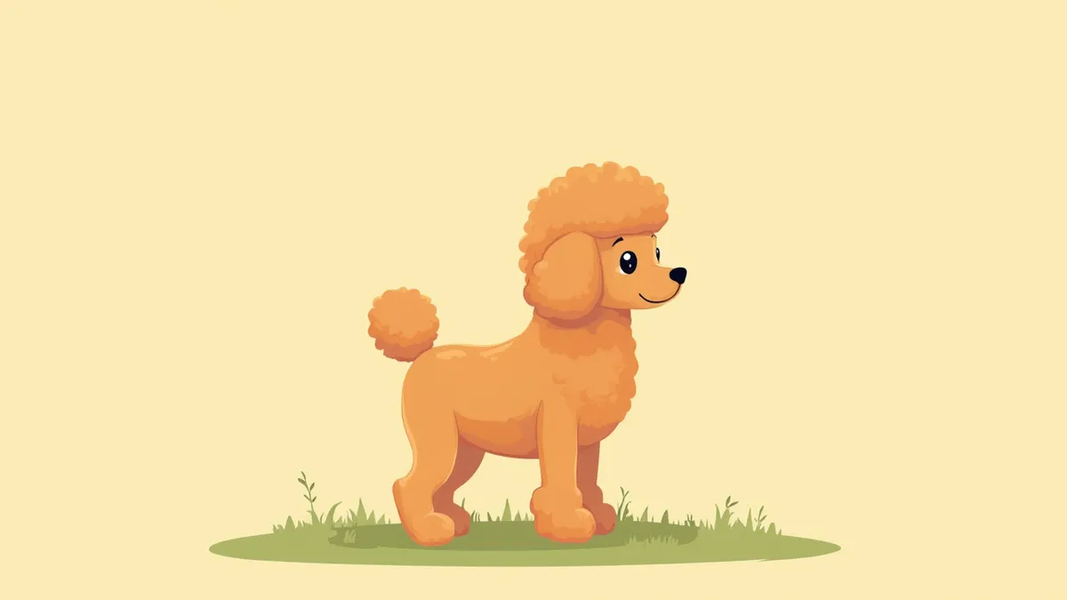 공원 잔디 위에 서 있는 건강한 아프리코트색 토이푸들