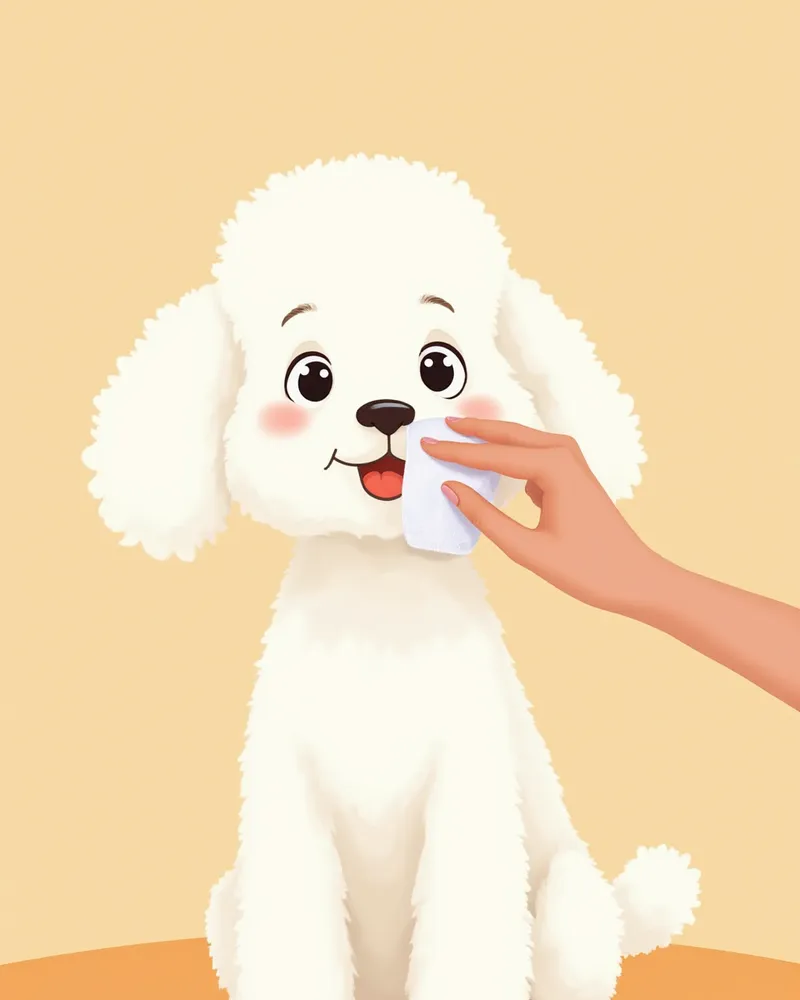 보호자가 화이트 토이푸들의 눈 주변을 부드럽게 닦아 주는 모습