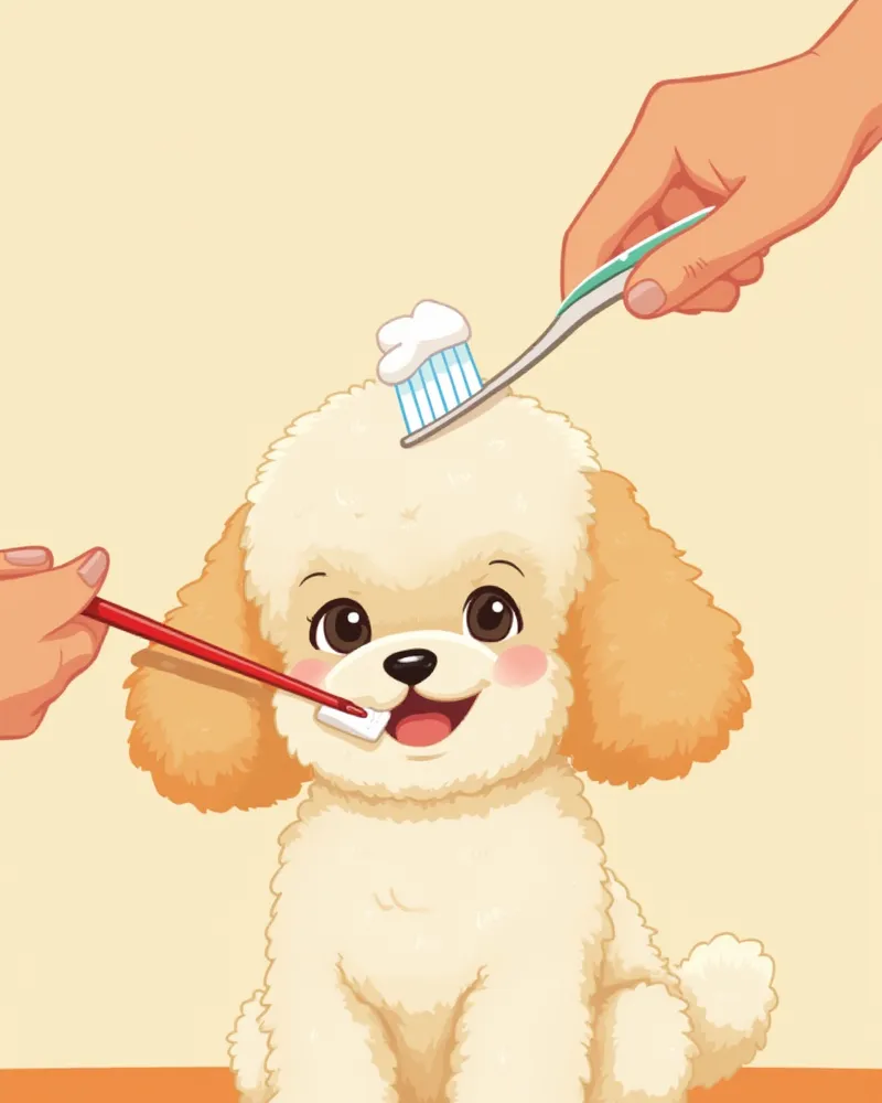 보호자가 토이푸들의 이를 닦아 주는 모습