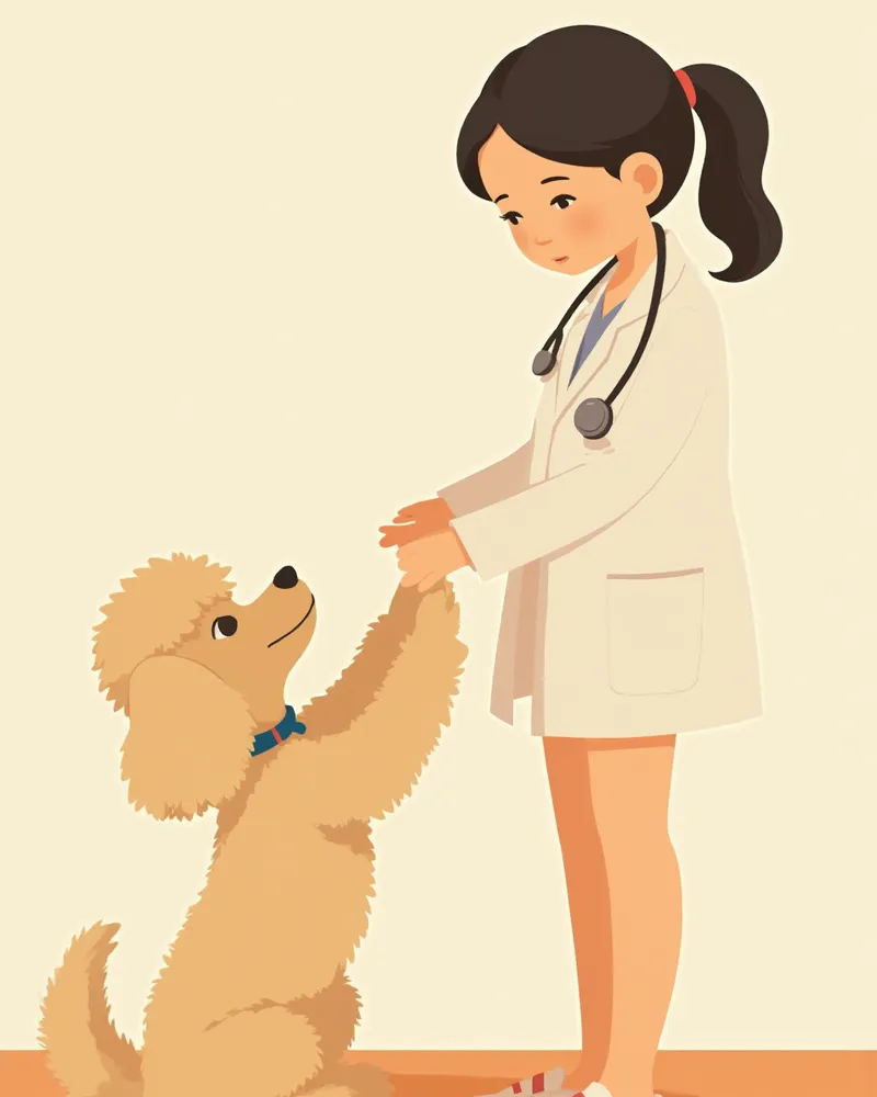 동물병원에서 푸들의 다리를 진찰하는 수의사