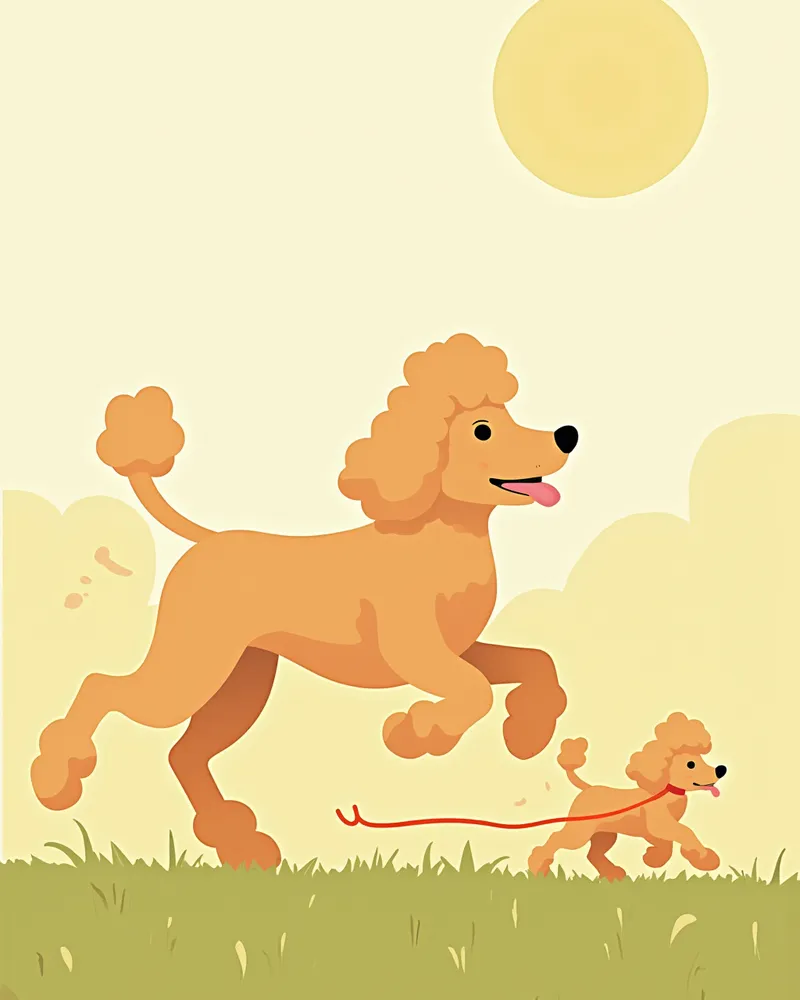 잔디밭에서 뛰는 스탠다드 푸들과 산책하는 토이푸들