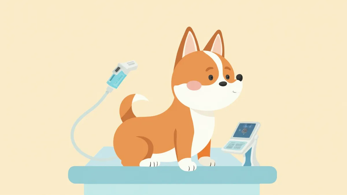 수의사가 강아지 하복부에 초음파 검사를 하는 모습