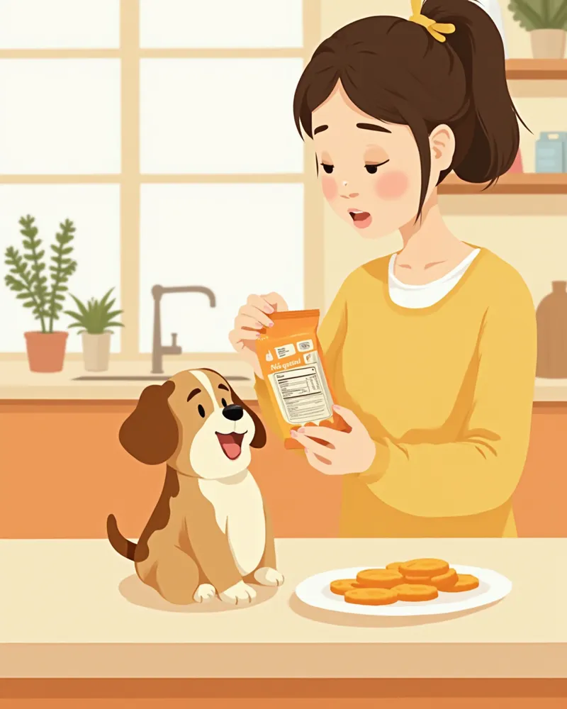 간식 포장지 영양 성분표를 확인하는 보호자의 모습