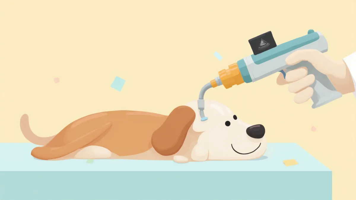 초음파 유도 하에 강아지 복부에 트루컷 바늘을 삽입하는 장면