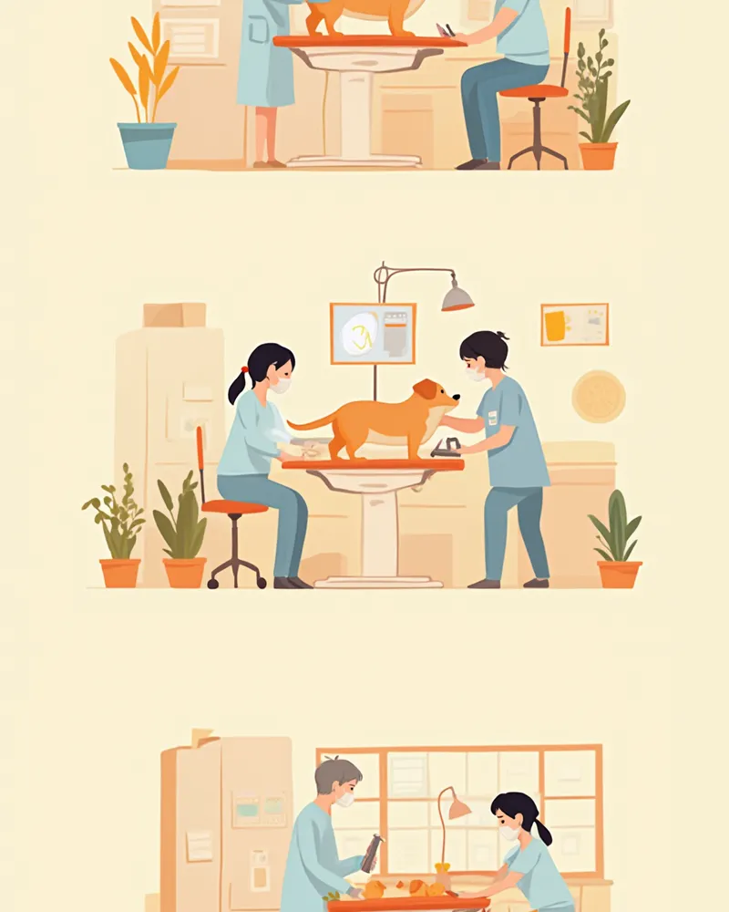 수의 의료진이 강아지에게 트루컷 생검을 단계별로 진행하는 모습