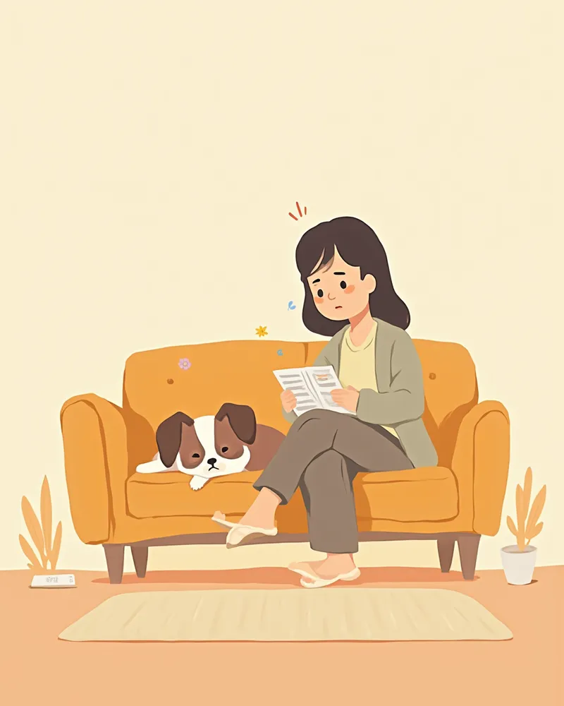 영양제 라벨을 확인하는 보호자와 잠든 반려견