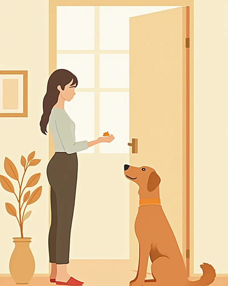 현관 앞에서 분리불안 행동 수정 훈련 중인 보호자와 강아지