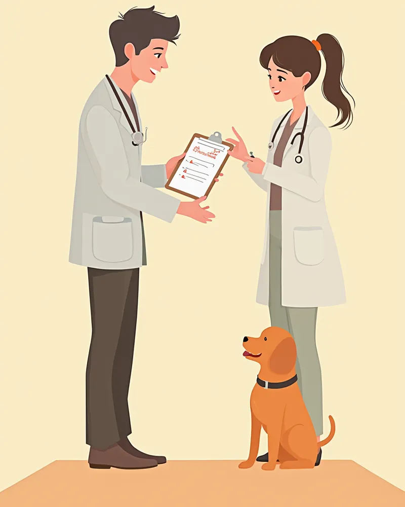 혈액검사 결과지를 보며 설명하는 수의사