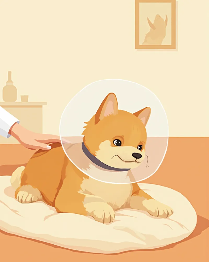 수술 후 넥카라를 착용하고 회복 중인 강아지