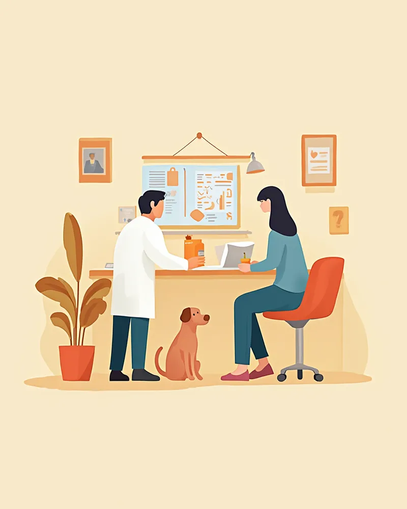 수의사가 보호자에게 병기별 치료 계획을 설명하는 상담 장면