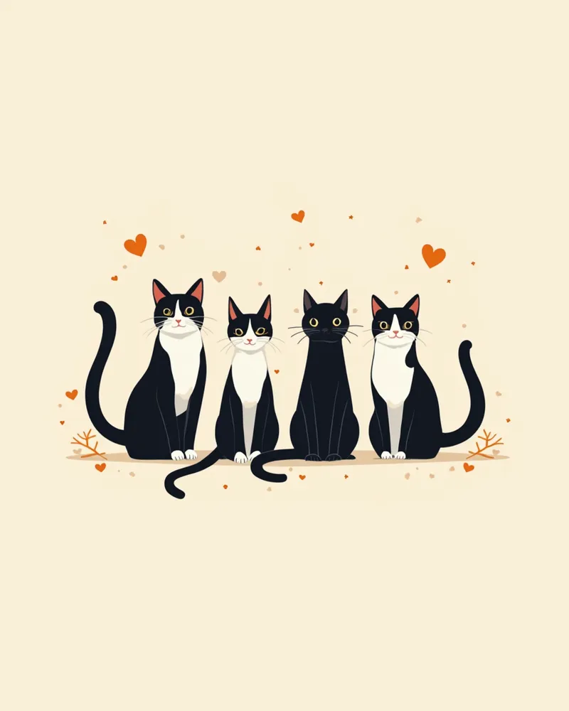 다양한 패턴 유형을 보여주는 네 마리의 턱시도 고양이