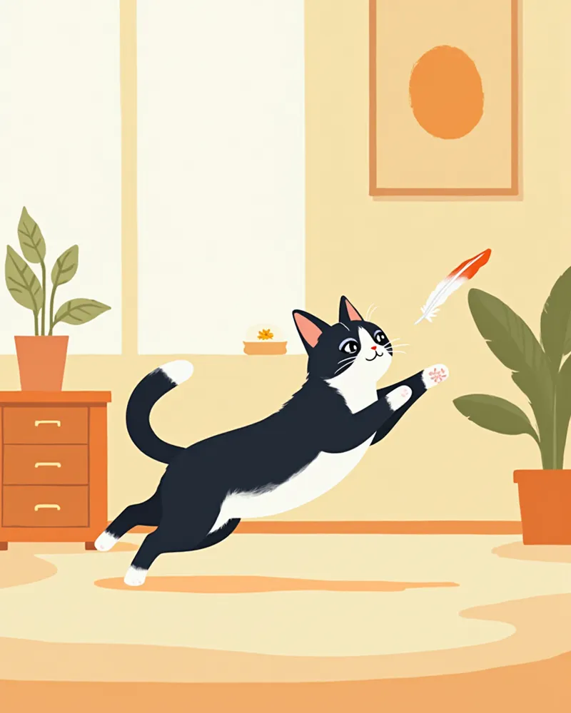 거실에서 깃털 장난감을 쫓으며 뛰어오르는 턱시도 고양이